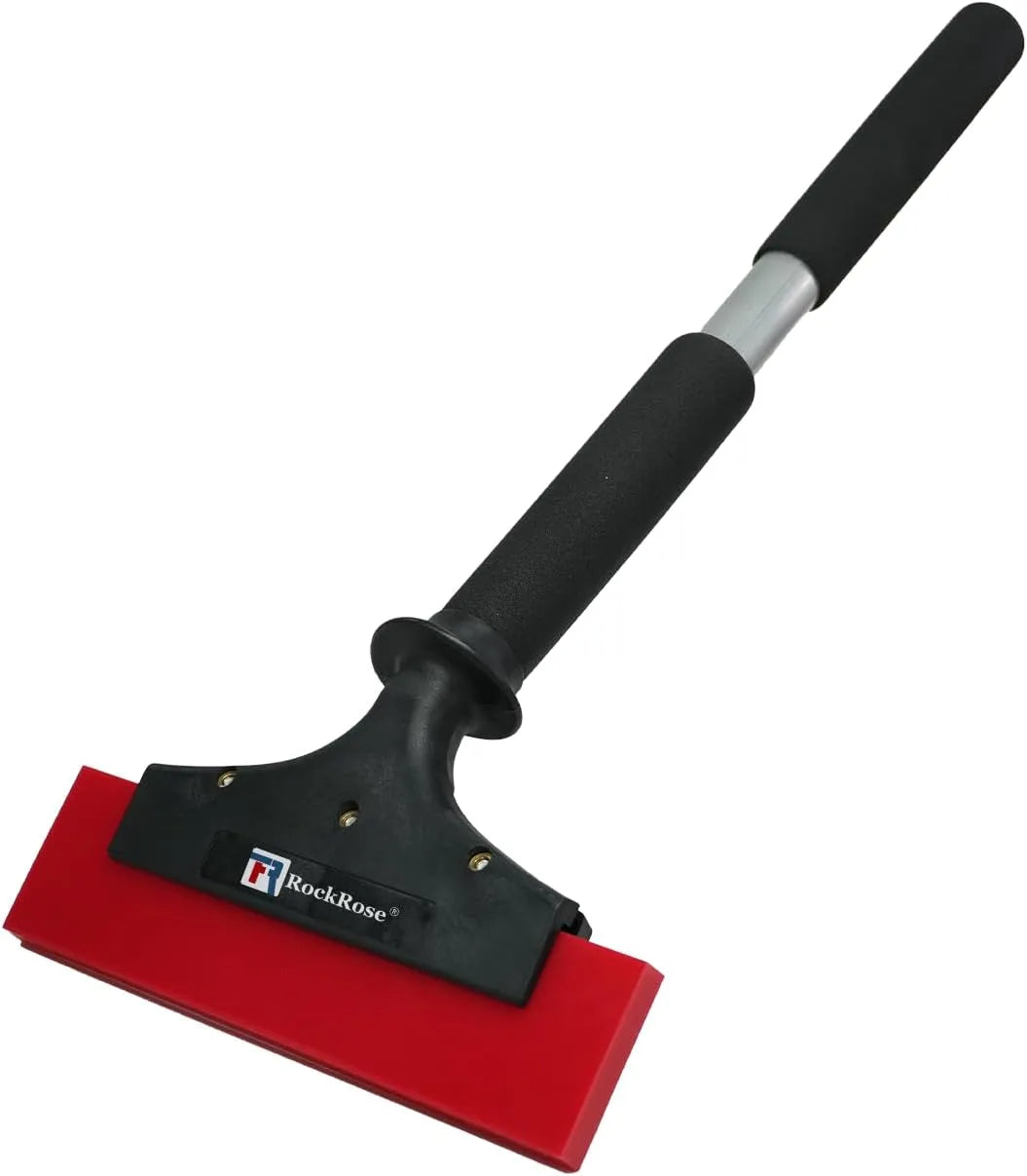 A Rock-Rose window squeegee with a black handle, black plastic frame, and red rubber blade, shown on a plain white background.