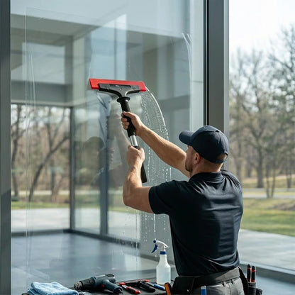 Person cleaning a large window with a squeegee and spray bottle.