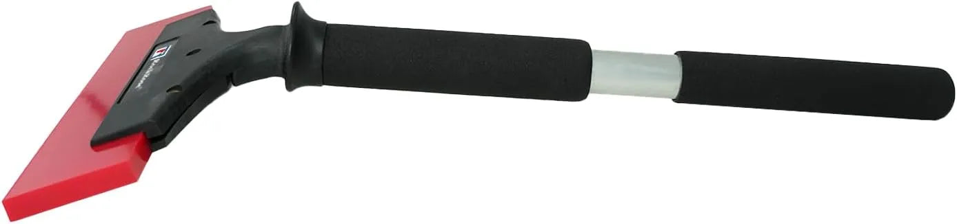 Car windshield scraper with red blade and black handle on a white background