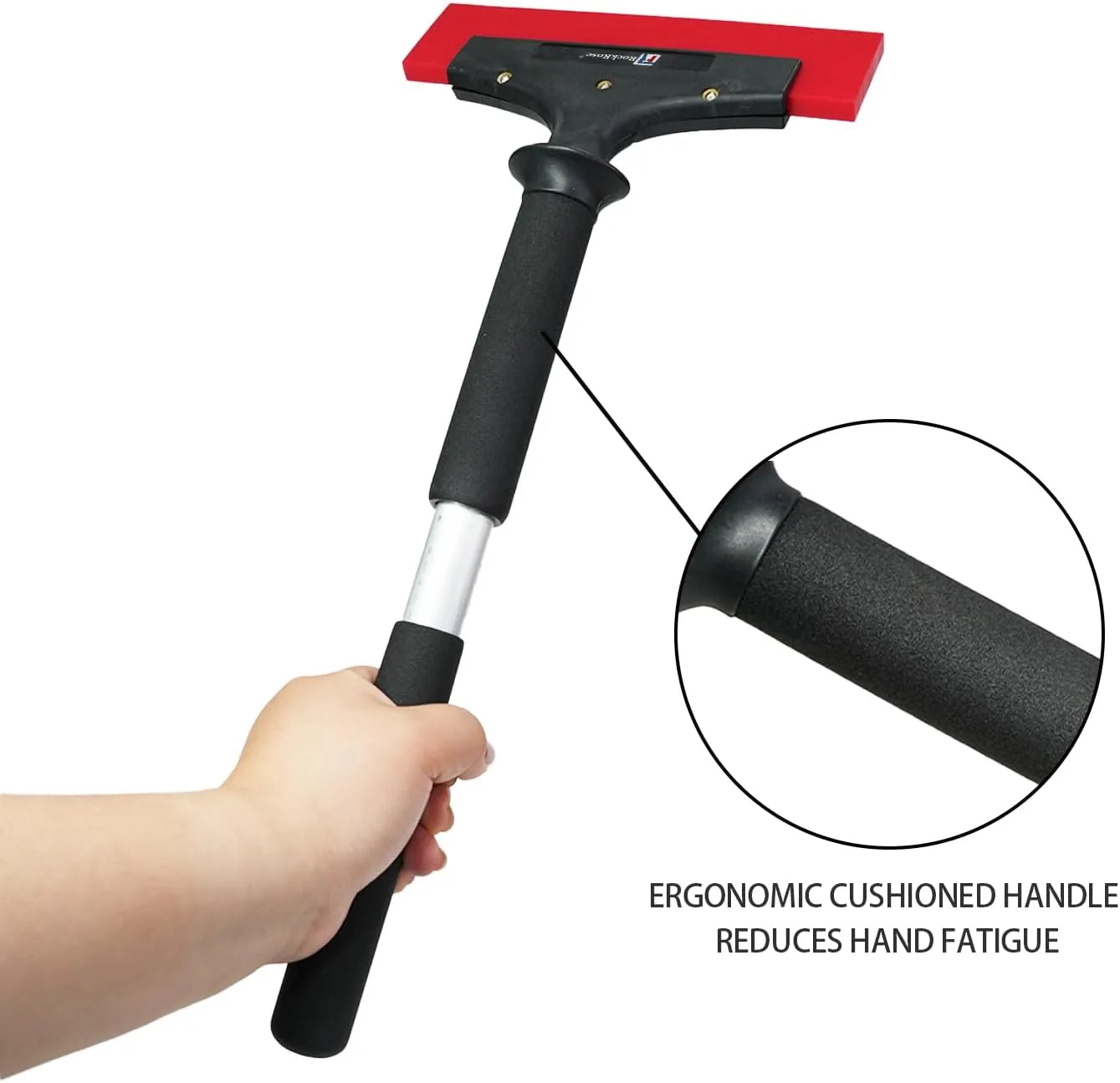 Hand holding a squeegee with ergonomic handle design on a white background