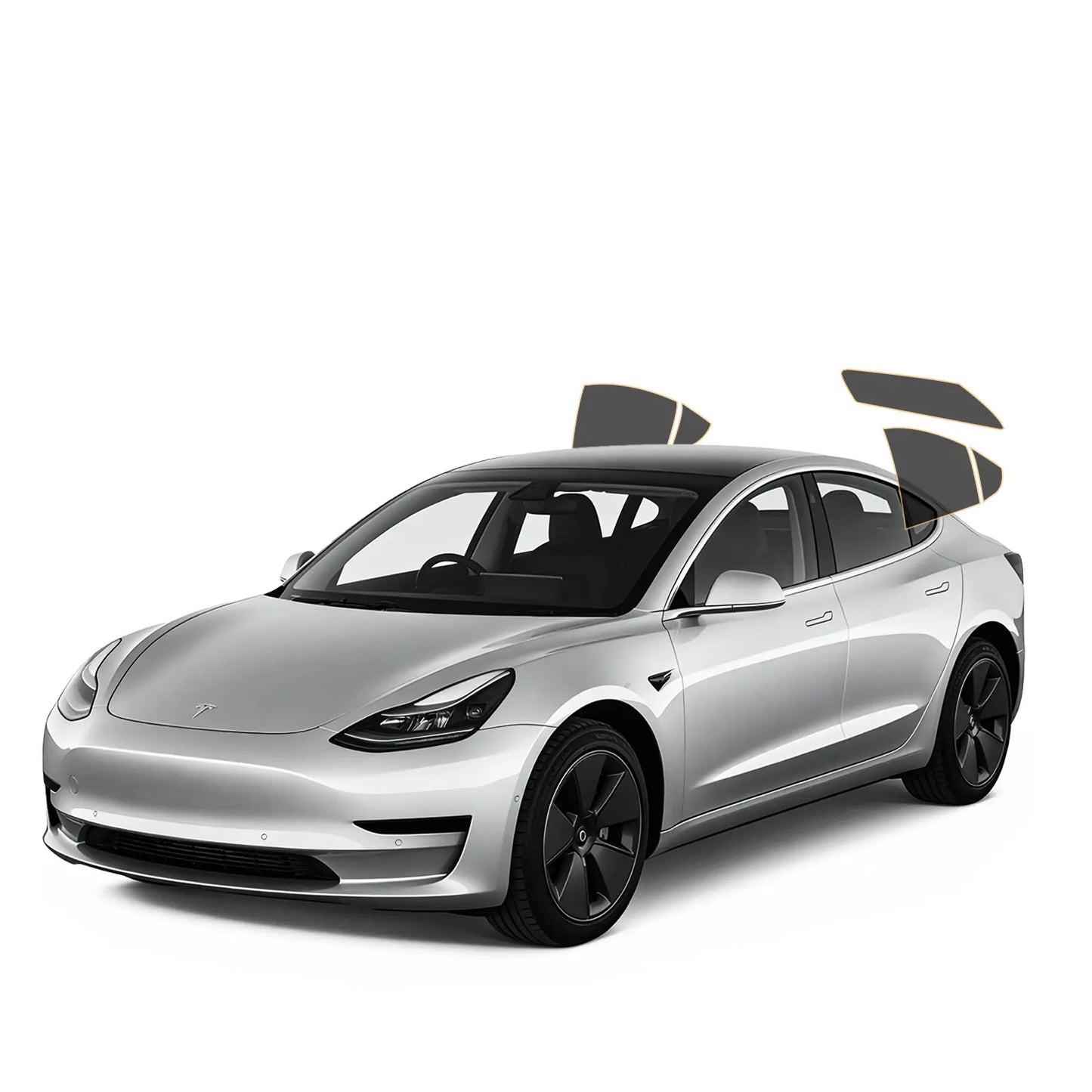 Silver Tesla car with pre cut tint in rear  doors and rear view on a white background