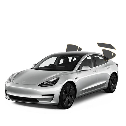 Silver Tesla car with pre cut tint in rear  doors and rear view on a white background