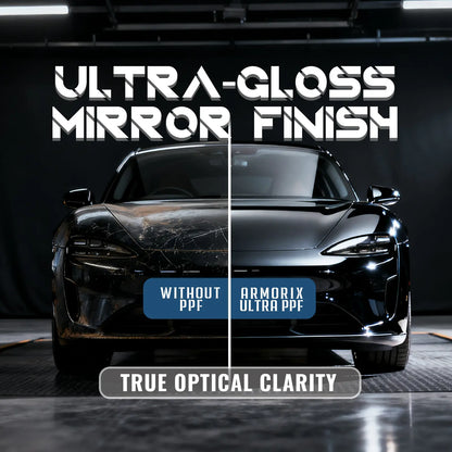 Car with 'Ultra-Gloss Mirror Finish' text and 'True Optical Clarity' label, comparing without and with Armorix Ultra PPF.
