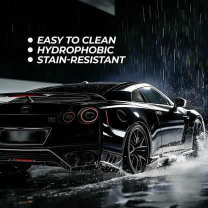 Black car driving through water with text about car hydrophobic features during rain