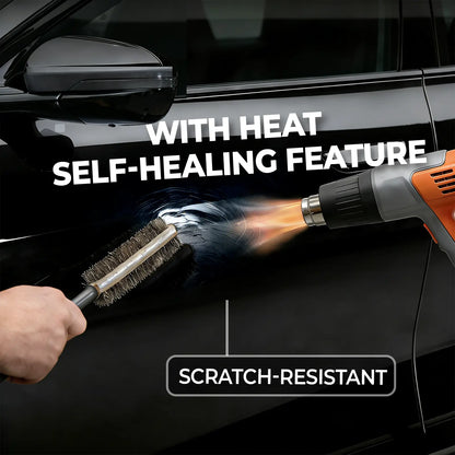 Using a steel brush on PPF showing heat self-healing feature and scratch-resistant properties being used on a car.
