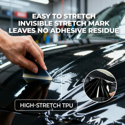 Person applying a Paint protection film to a car's surface with text highlighting its features high stretch tpu. 