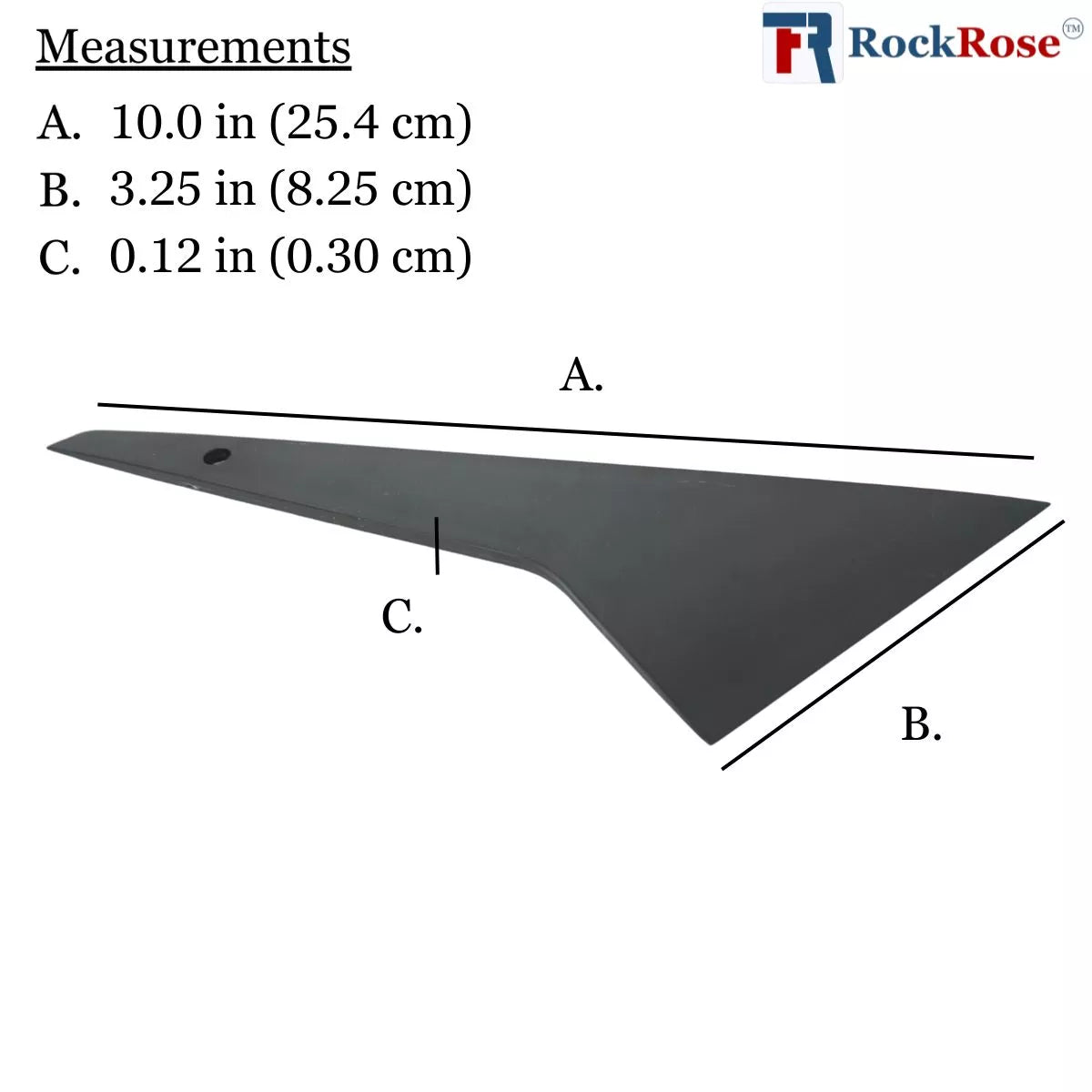 Measurement chart of a blade with dimensions labeled A, B, and C, and RockRose branding.