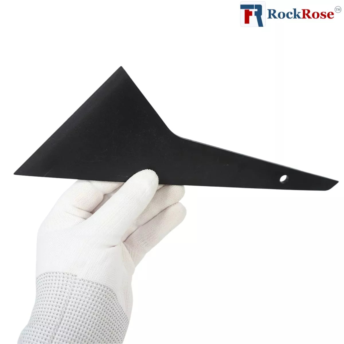 Black triangular tool held by a gloved hand on a white background with RockRose logo.