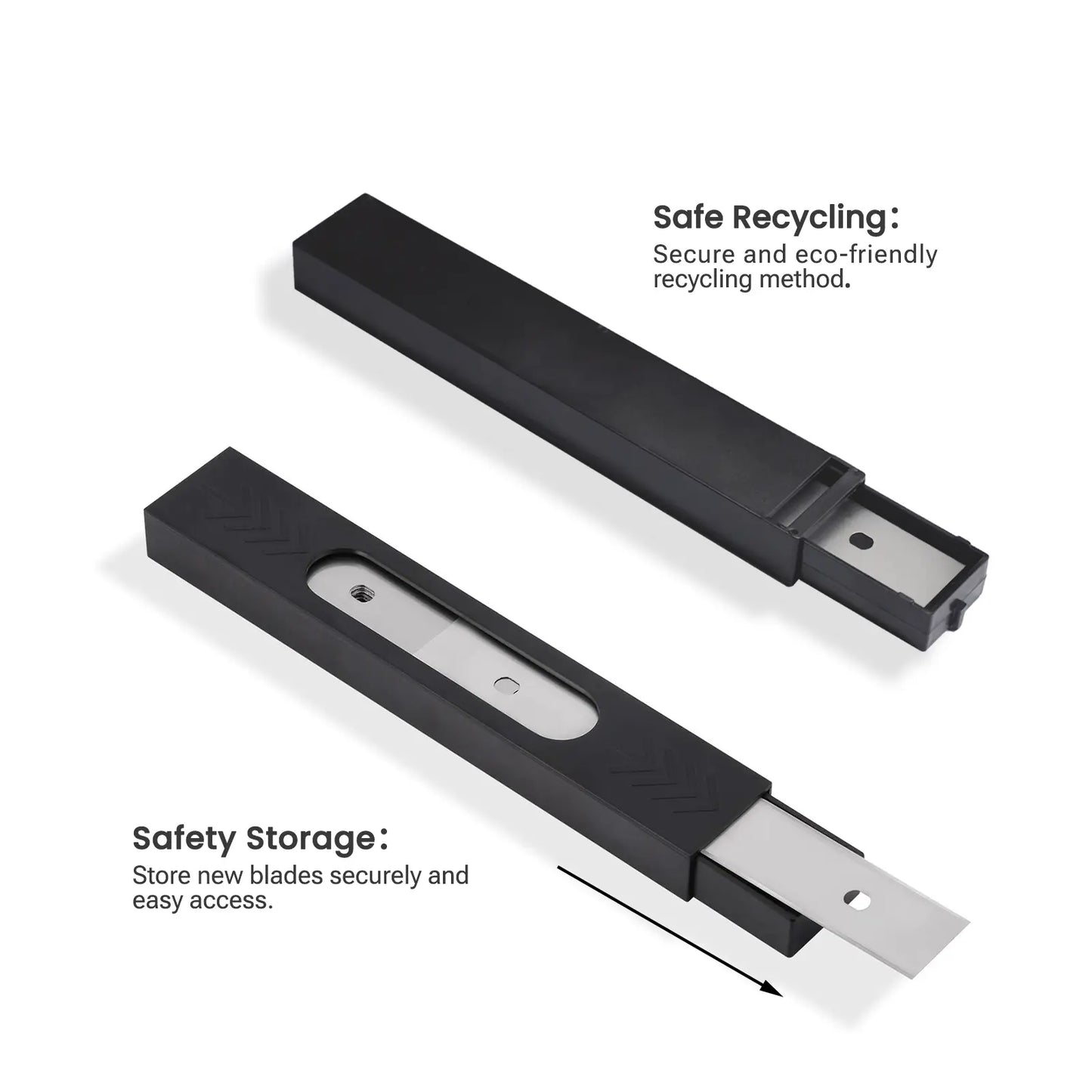 Black and stainless blades  with blade extension on a white background, highlighting safe recycling and safety storage features.