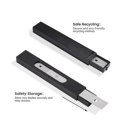 Black and stainless blades  with blade extension on a white background, highlighting safe recycling and safety storage features.