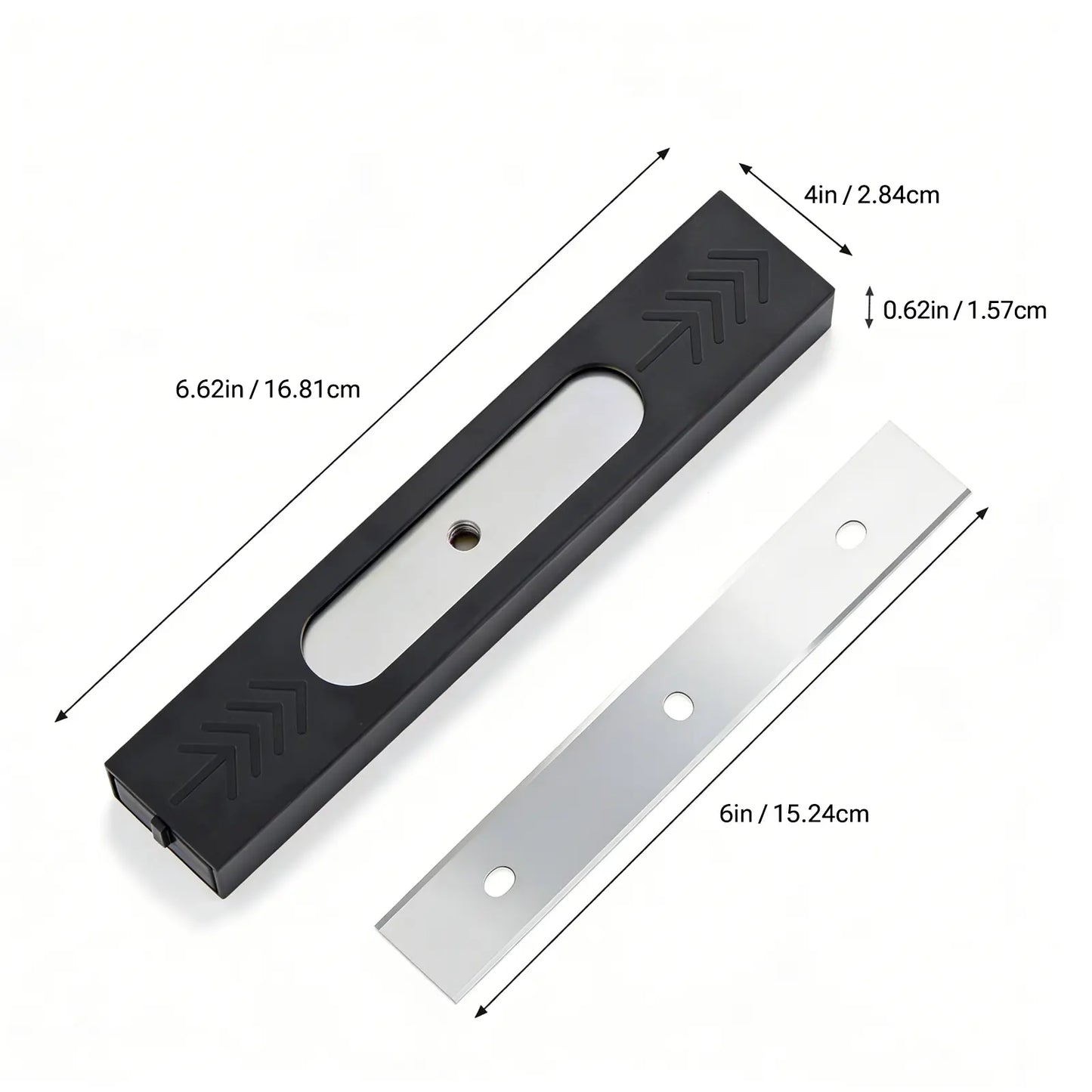 Black holder and a stainless blade with measurements on a white back