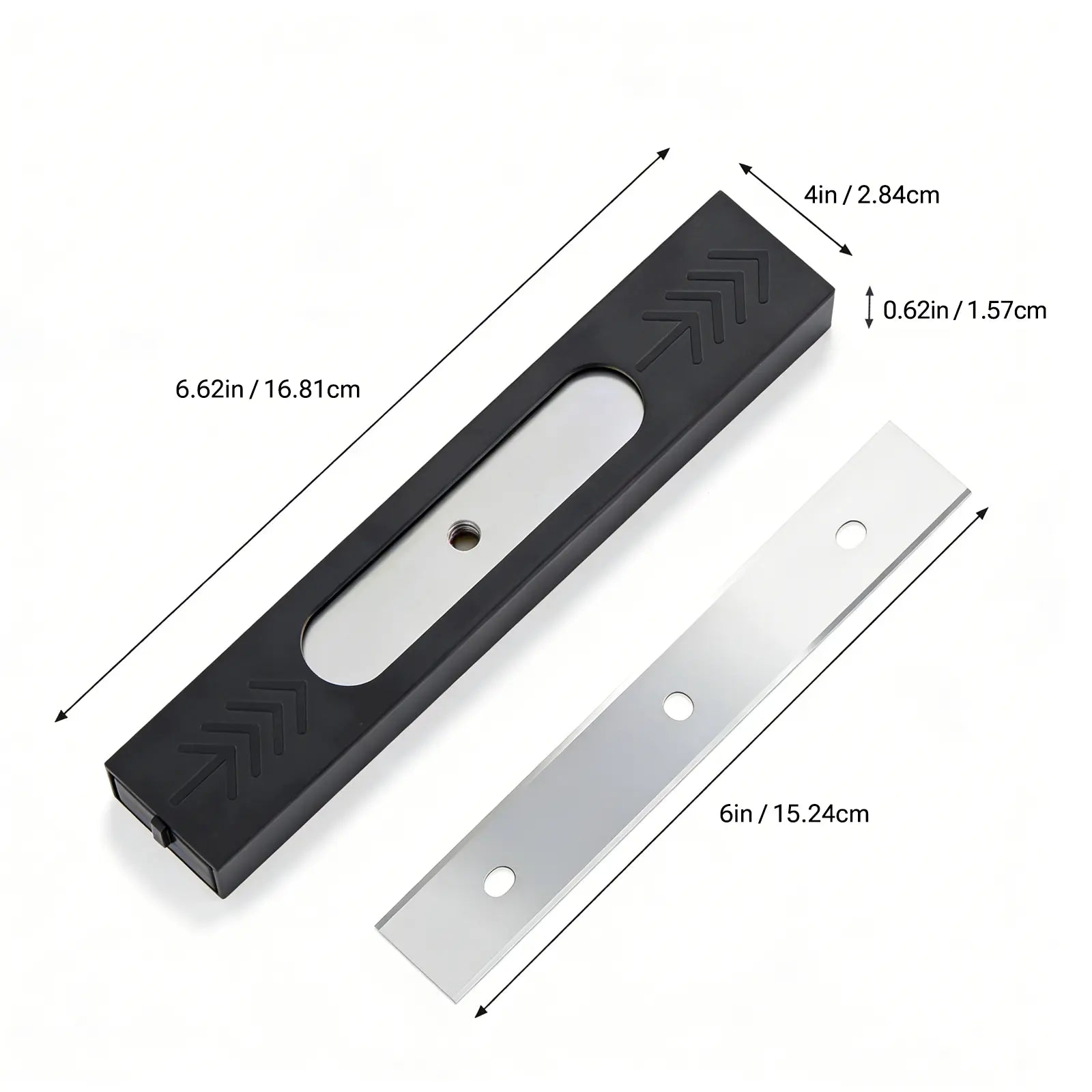 Black holder and a stainless blade with measurements on a white back