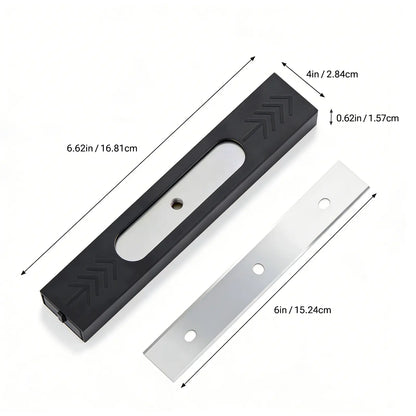 Black holder and a stainless blade with measurements on a white back
