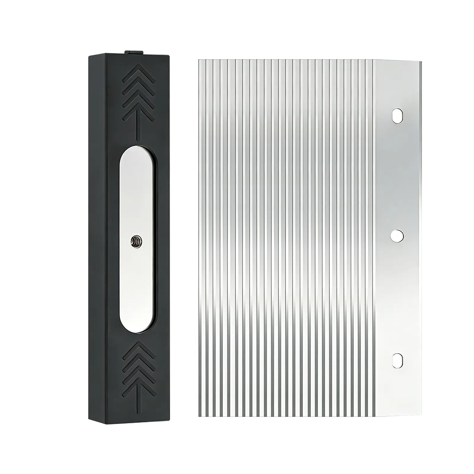 Black and stainless metal baldes components on a white background