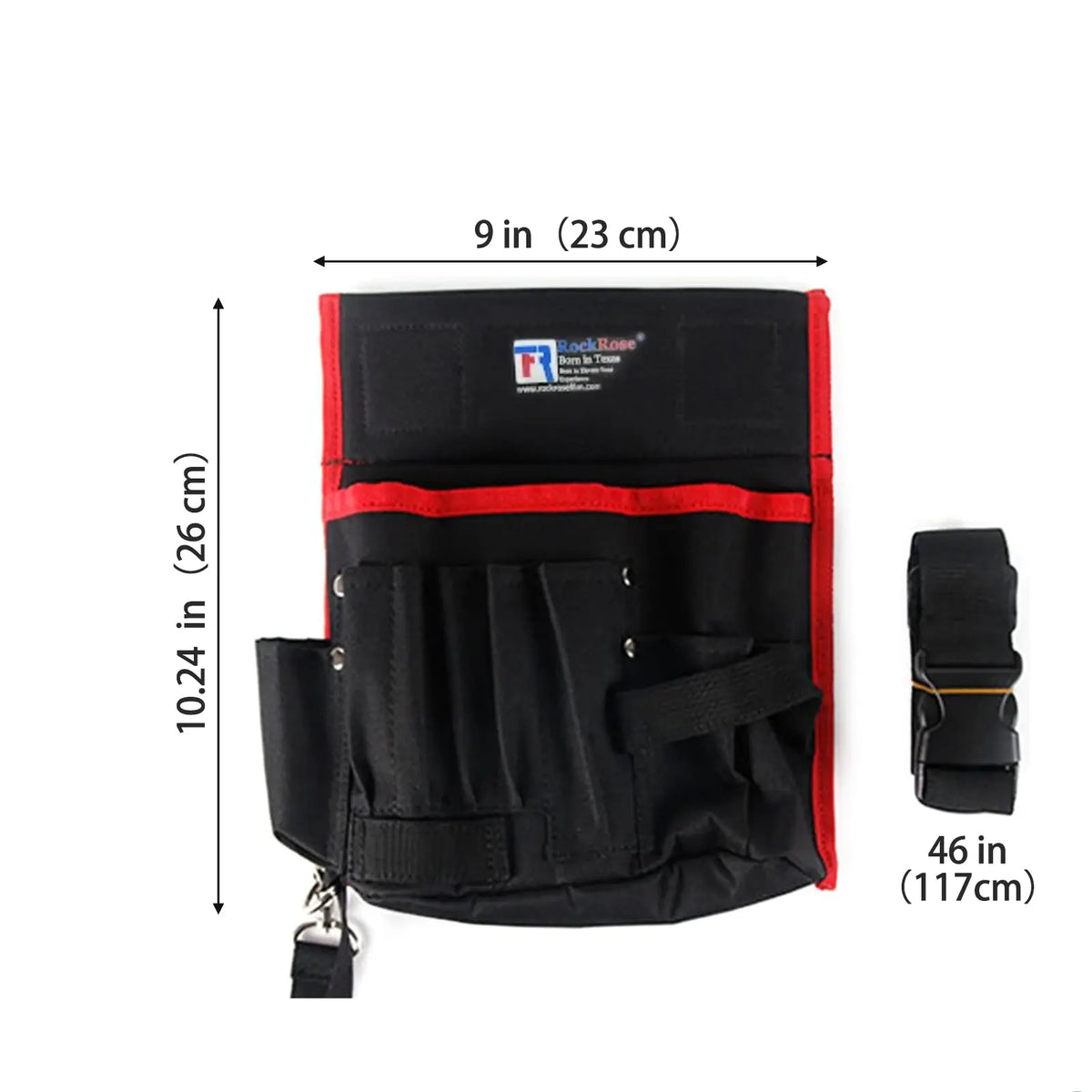 Black tool pouch with red trim and multiple utility pockets, shown with dimension labels indicating 9 in width, 10.24 in height, and strap length 46 in on a white background.
