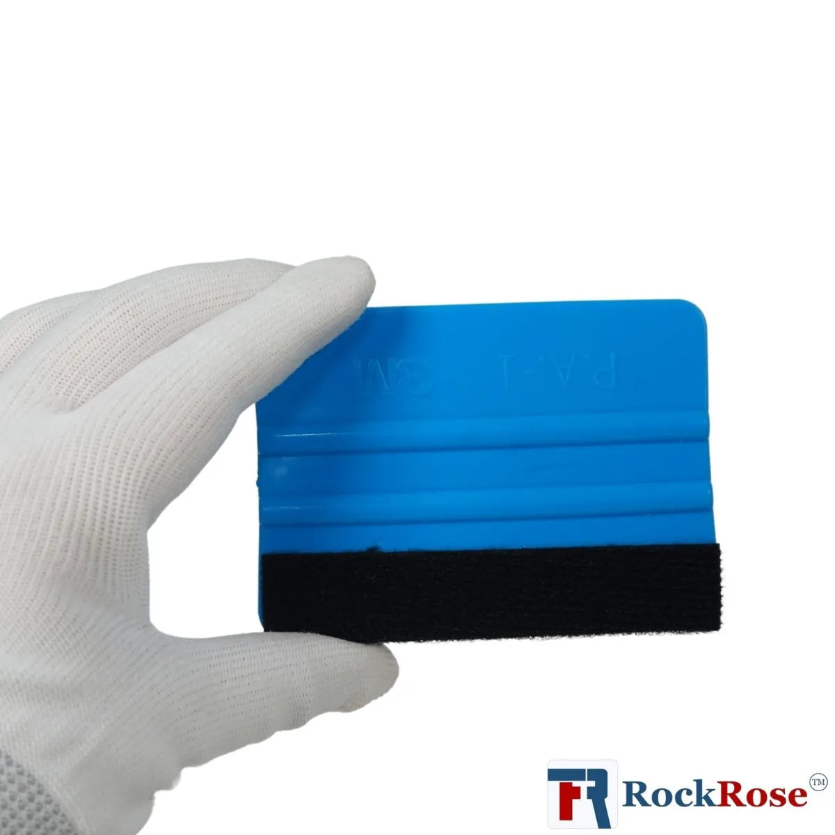 Blue squeegee held by a gloved hand with RockRose logo.