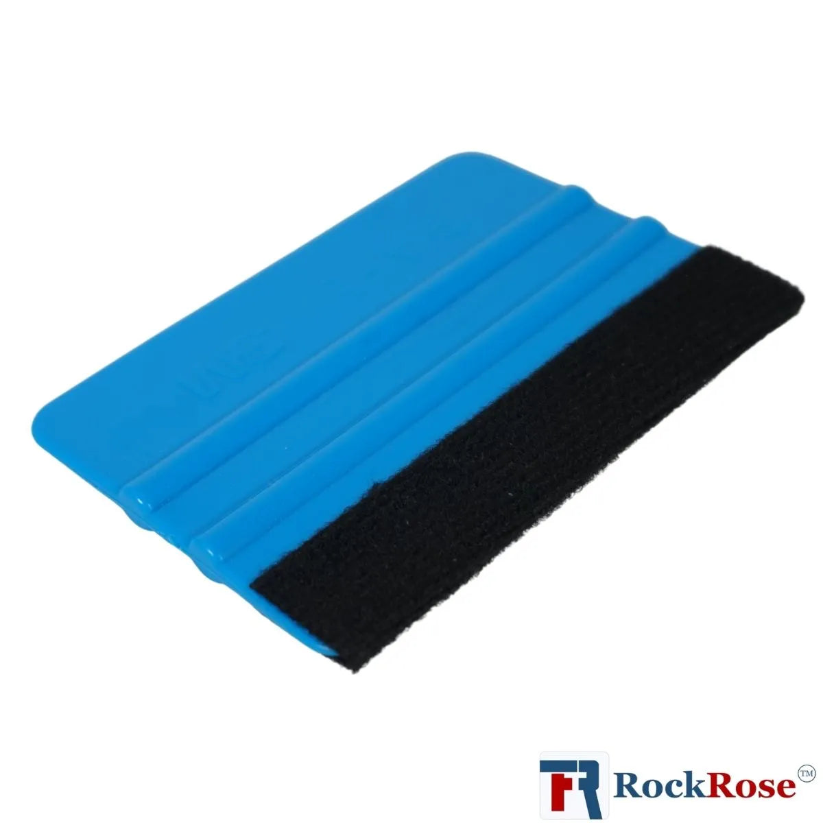 Blue squeegee with black rubber blade on a white background, featuring the RockRose logo.