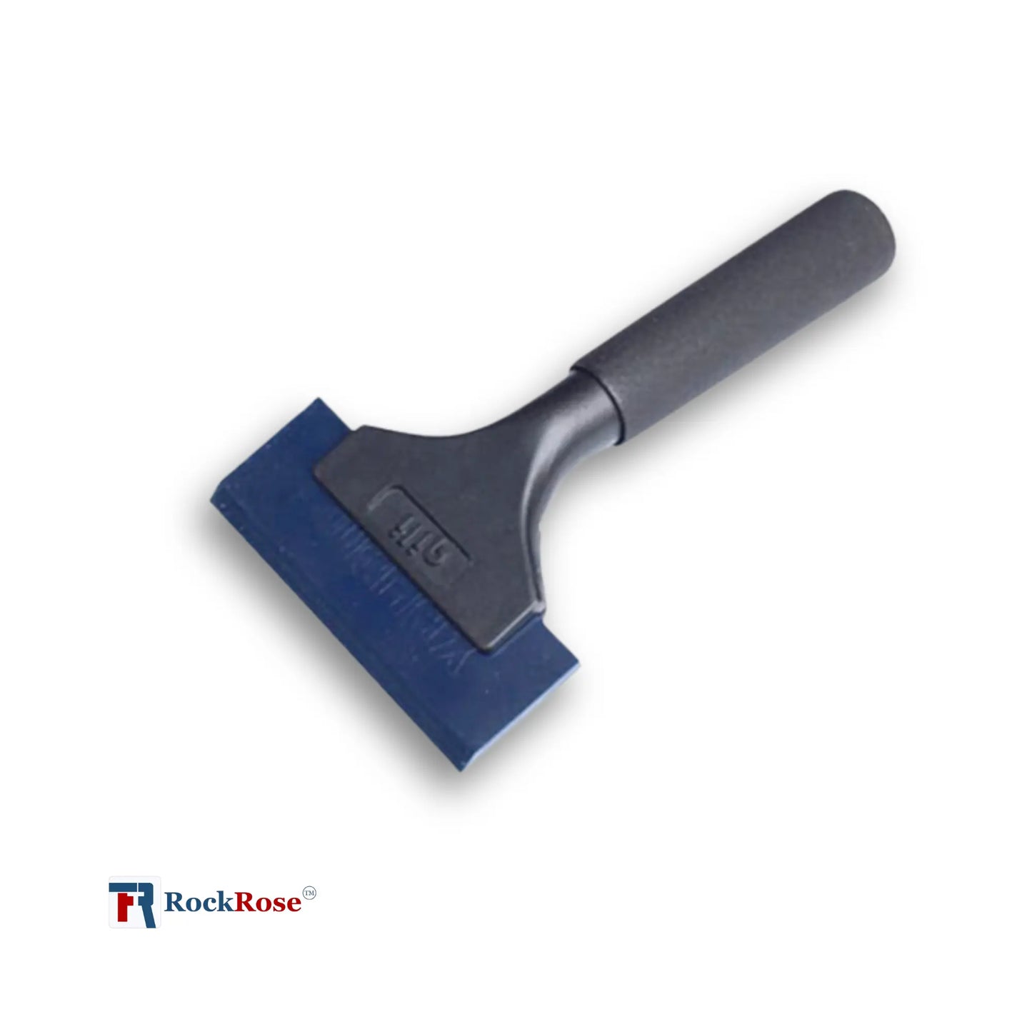 Squeegee with blue rubber blade and black handle on a white background, featuring RockRose logo.