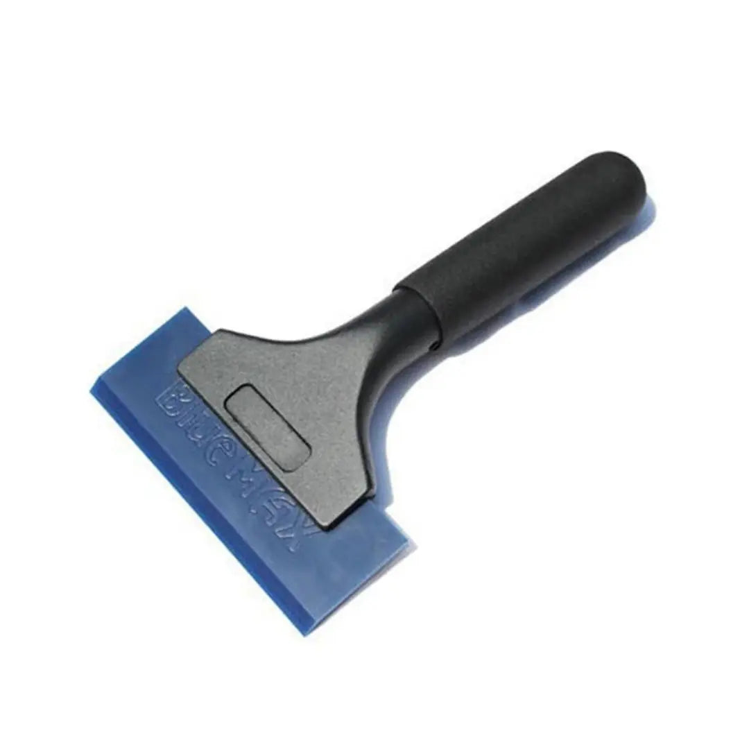 Squeegee with blue rubber blade and black handle on a white background