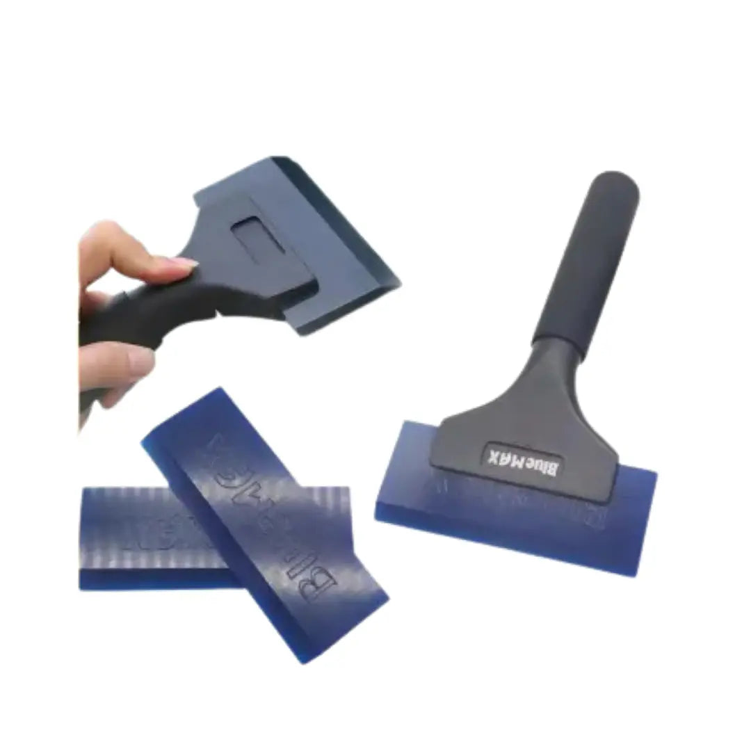 Set of blue squeegees with black handles on a white background
