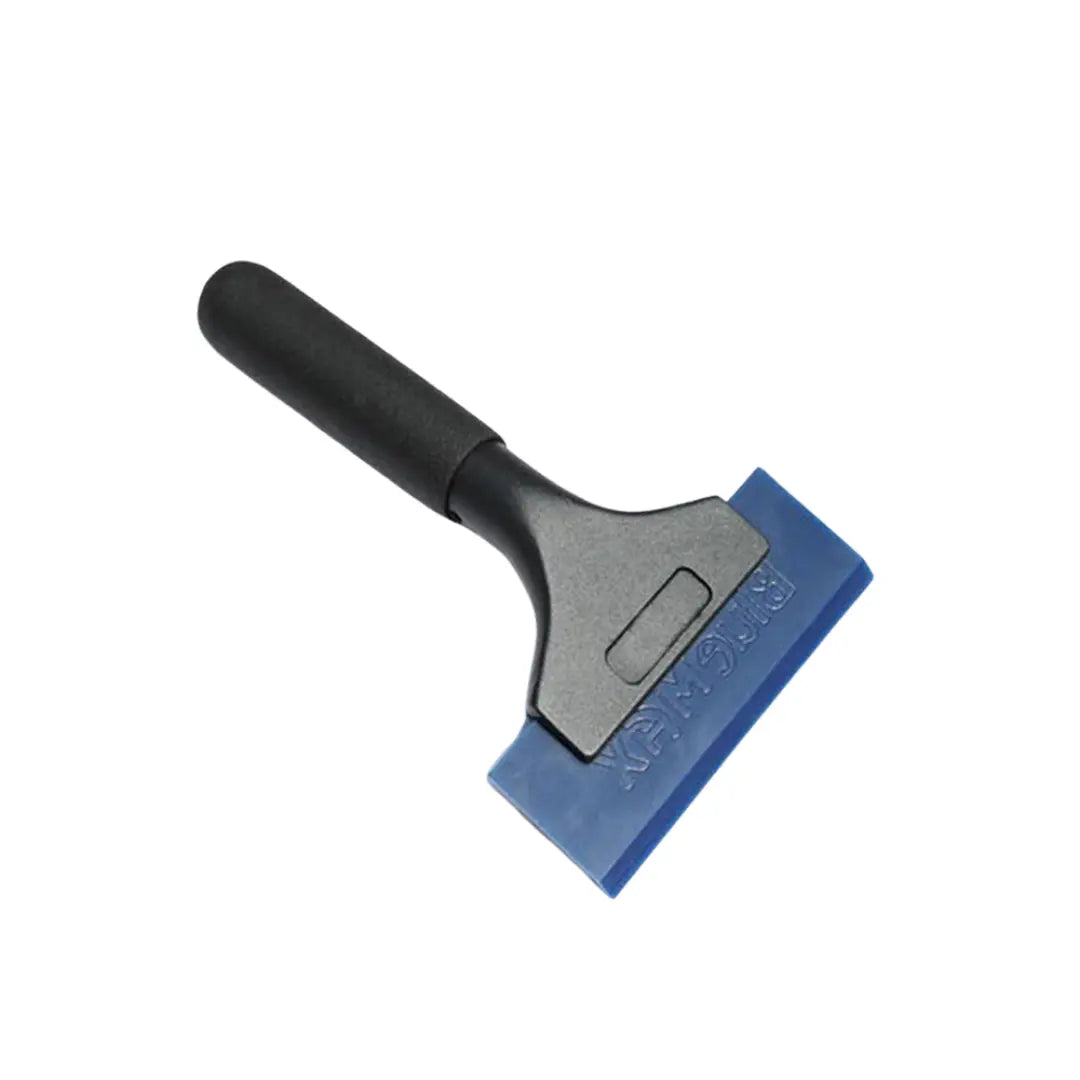 Squeegee with black handle and blue rubber blade on a white background