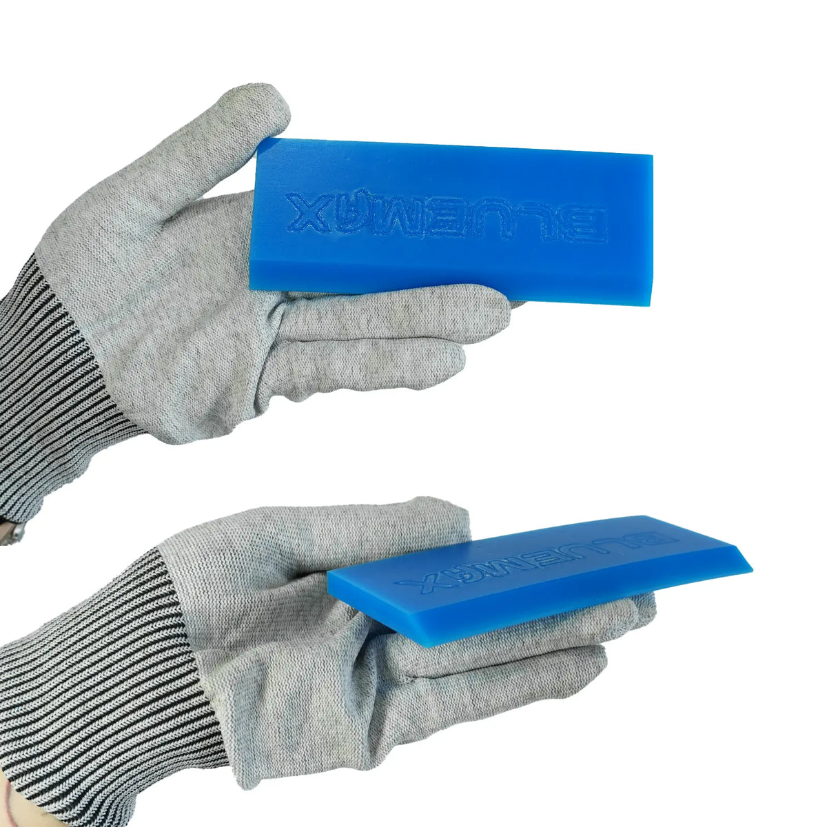 Two gloved hands holding blue squeegee rubber for handle tool
