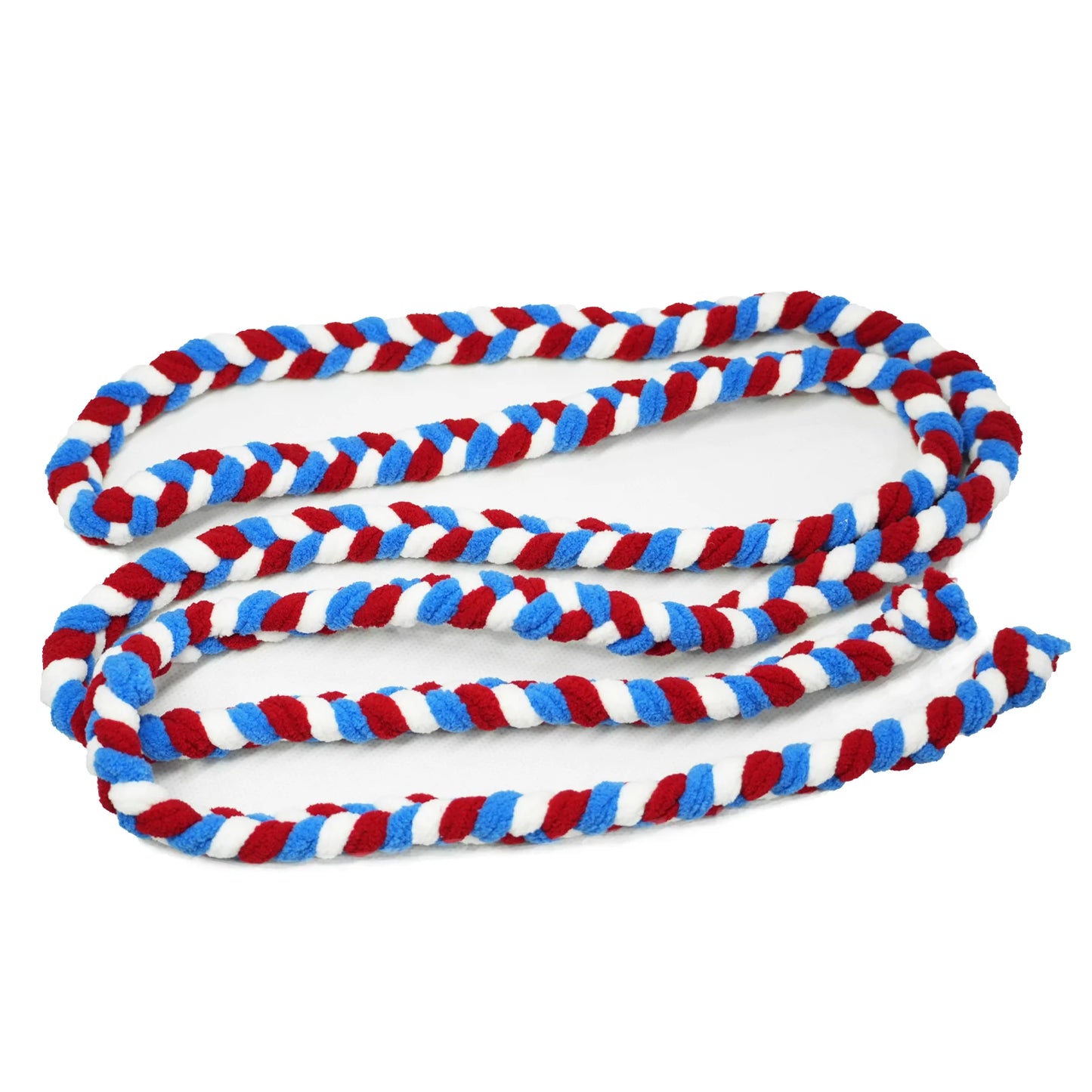 Red, white, and blue braided rope on a white background
