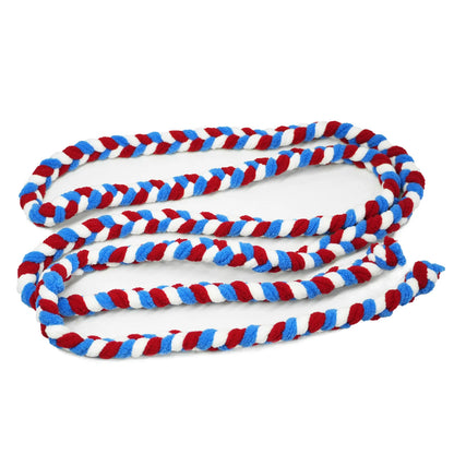 Red, white, and blue braided rope on a white background