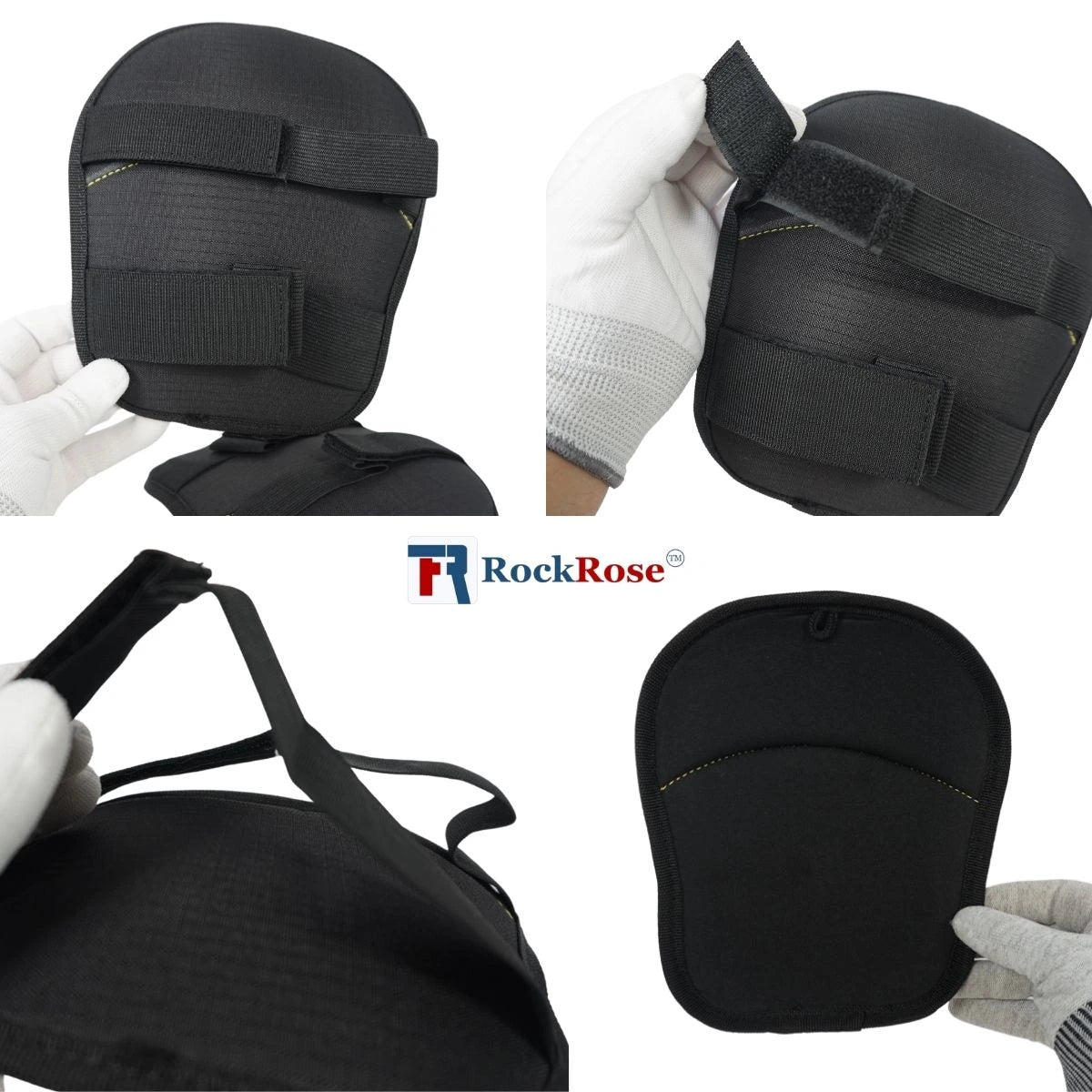 Black knee pad shown in four views on a white background, including close-ups of straps and a hand wearing a white glove while demonstrating fit. The brand name RockRose is visible in the center.