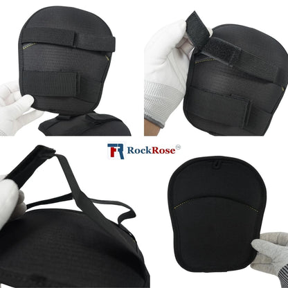 Black knee pad shown in four views on a white background, including close-ups of straps and a hand wearing a white glove while demonstrating fit. The brand name RockRose is visible in the center.