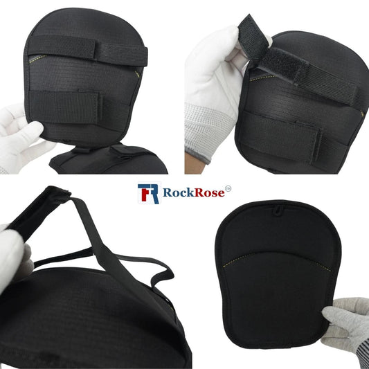 Black knee pad shown in four views on a white background, including close-ups of straps and a hand wearing a white glove while demonstrating fit. The brand name RockRose is visible in the center.