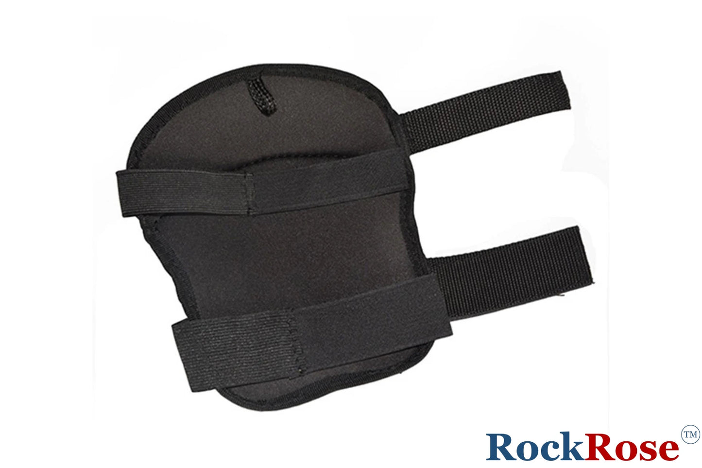 A black neoprene knee pad with adjustable hook-and-loop straps, shown on a plain white background with a RockRose brand logo in the bottom right corner.