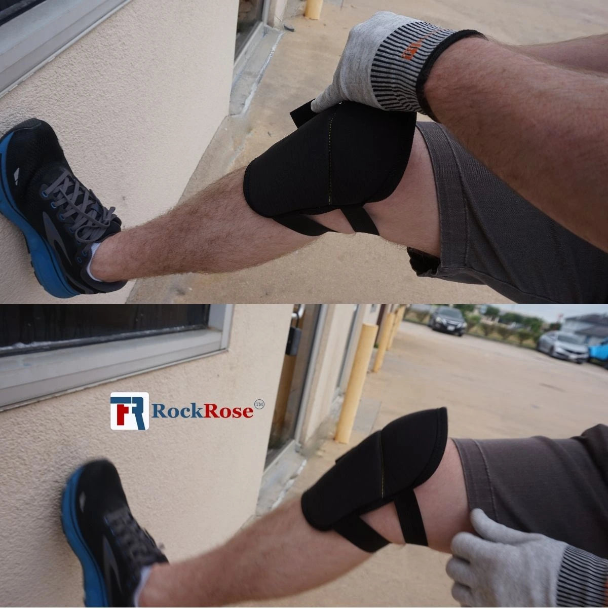 A split-screen demonstration of a person wearing a black RockRose knee pad on their leg, with one panel showing the knee pad in place and the other showing the product being adjusted. The person is wearing gray shorts, a black and blue running shoe, and a gray knit glove.
