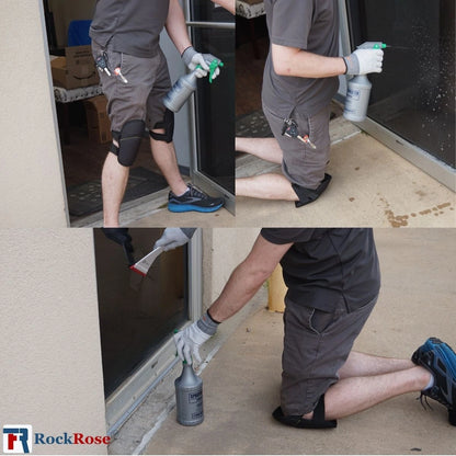 A three-panel collage showing a person using a RockRose spray bottle on a glass door or window. The person is wearing a dark gray t-shirt, knee pads, and white gloves while applying the liquid.