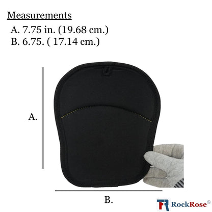 Black neoprene mouse pad with dimension measurements labeled A and B in centimeters and inches, shown on a white background with a hand holding the right side for scale. RockRose logo in the bottom right corner.