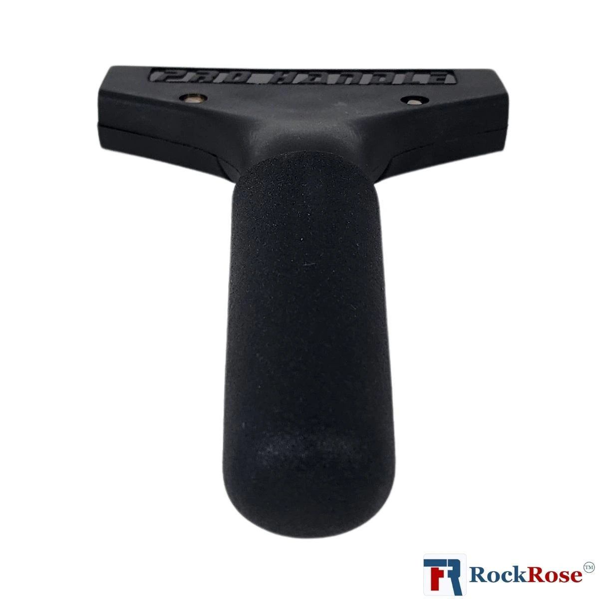 Back view Black Cast aluminum squeegee handle with rockrose logo
