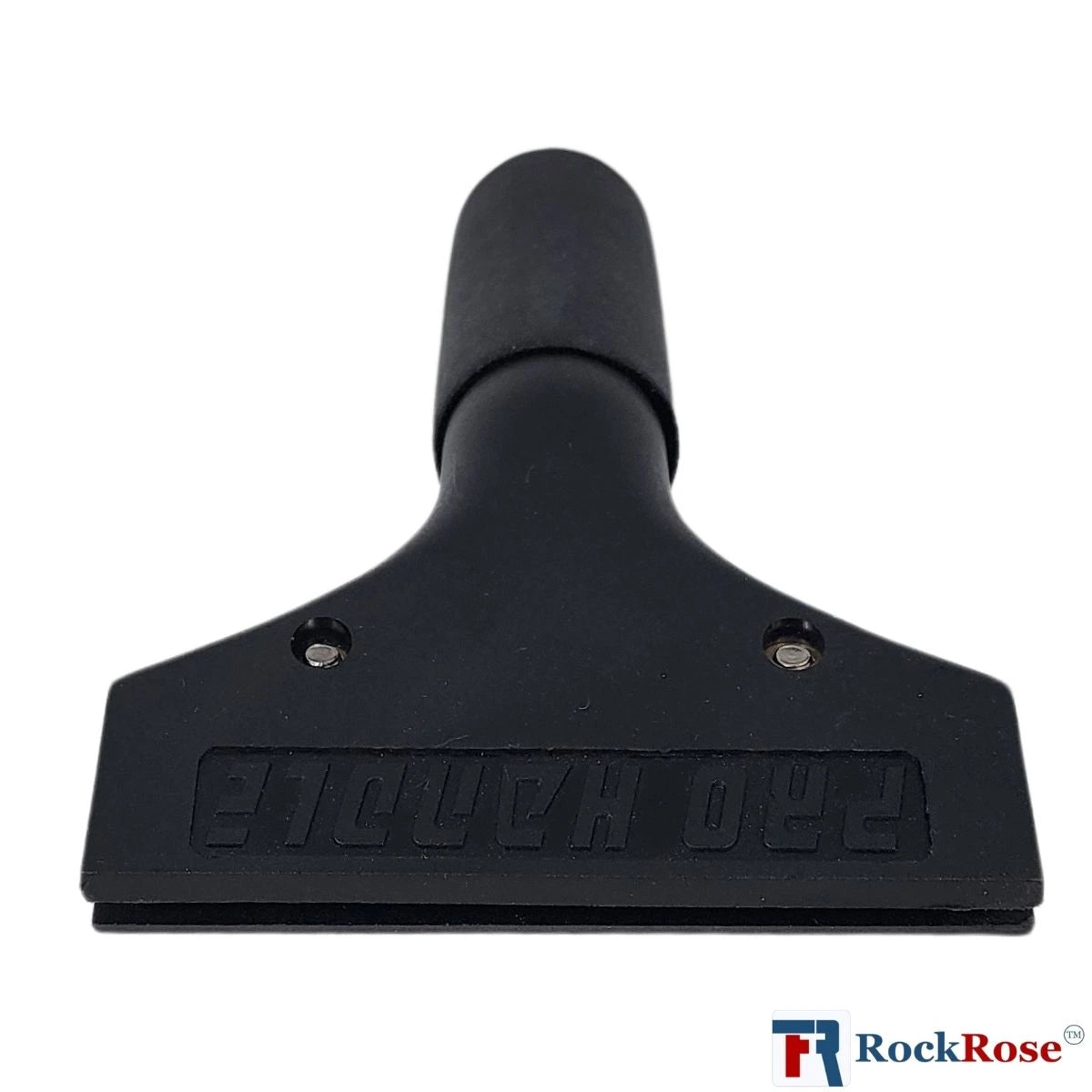 Front view of Black Cast aluminum squeegee handle with rockrose logo
