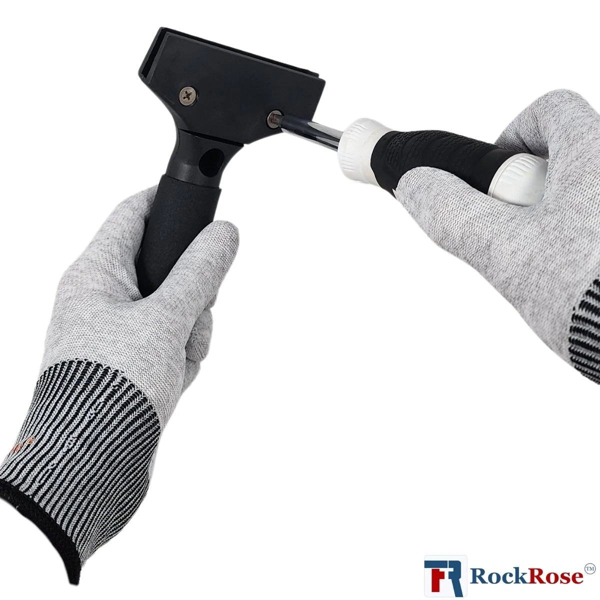 Using a screw with Black Cast aluminum squeegee handle with rockrose logo with gloves
