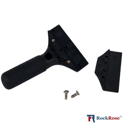 Black squeegee with mounting bracket and screws on a white background, featuring RockRose logo.