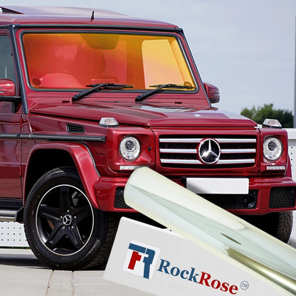 Red Mercedes-Benz G-Class SUV with a RockRose product in the foreground
