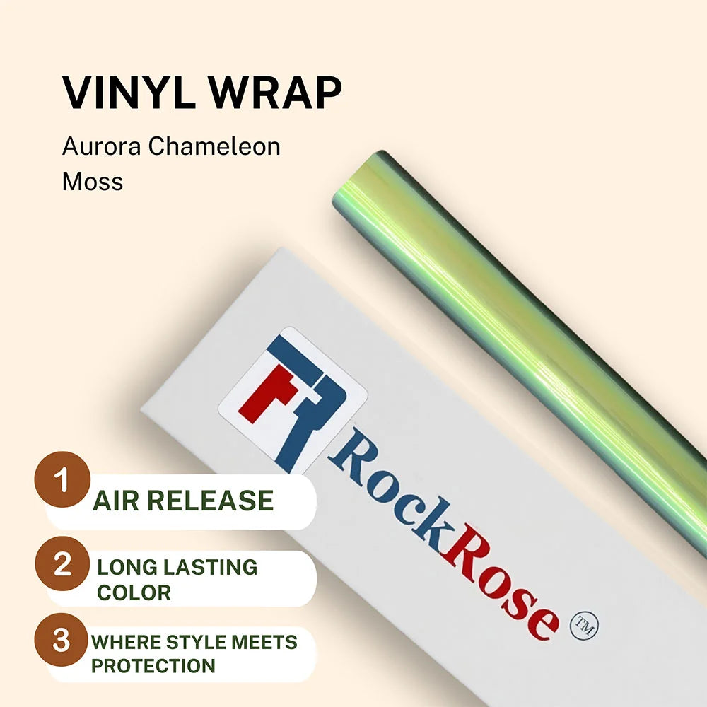 RockRose vinyl wrap roll with packaging and features on a beige background
