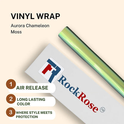RockRose vinyl wrap roll with packaging and features on a beige background
