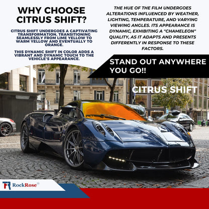 Promotional image of a car with text about Citrus Shift color transformation on a city street background.