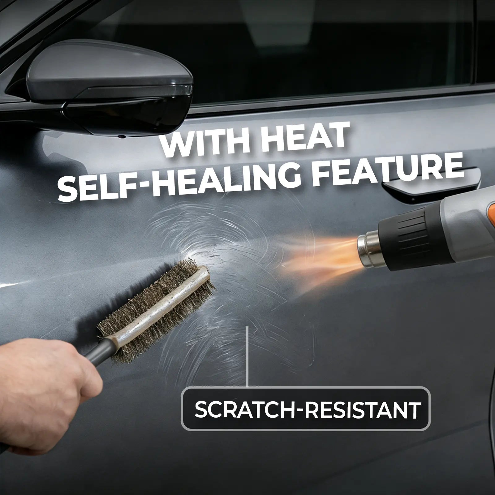 Car window being scratched by a brush mixing it by heat gun, featuring text about scratch-resistant and self-healing features.