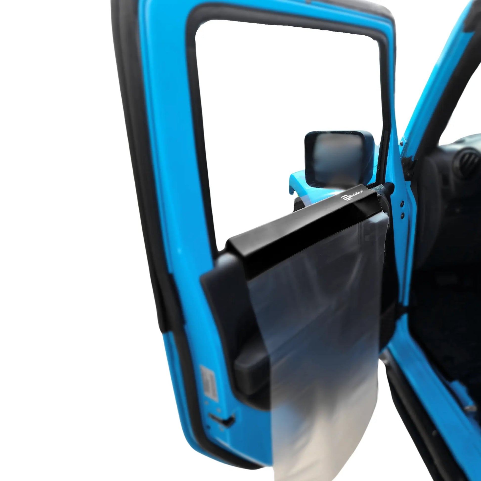 Blue car door with a black side mirror and clear plastic cover on a white background