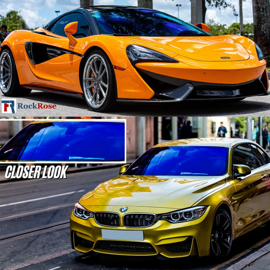 Orange sports car on a city street with 'RockRose' branding with blue chameleon tint