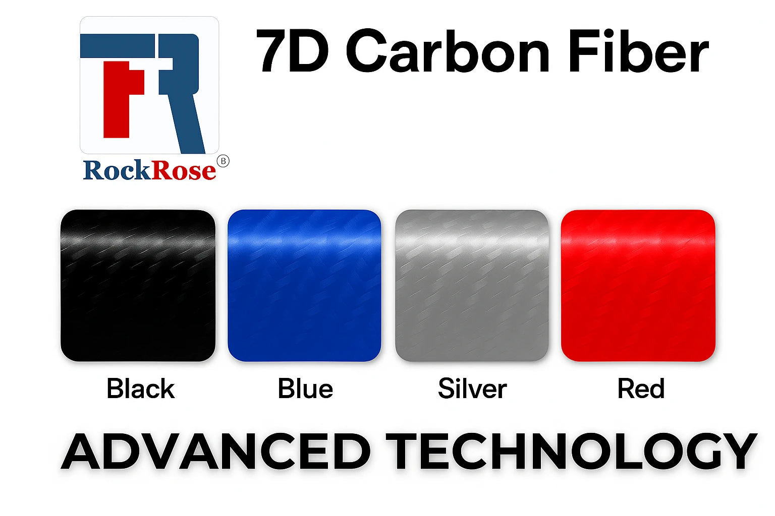 RockRose 7D carbon fiber vinyl color variations chart featuring Black, Blue, Silver, and Red swatches with a focus on advanced technology.