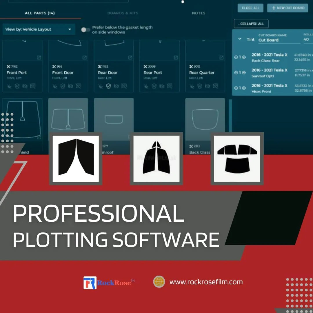 Professional plotting software interface with icons and text on a red and blue background and rockrose logo