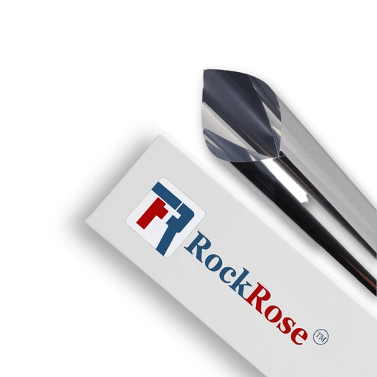 Silver Metallic one way tint with RockRose branding on a white background