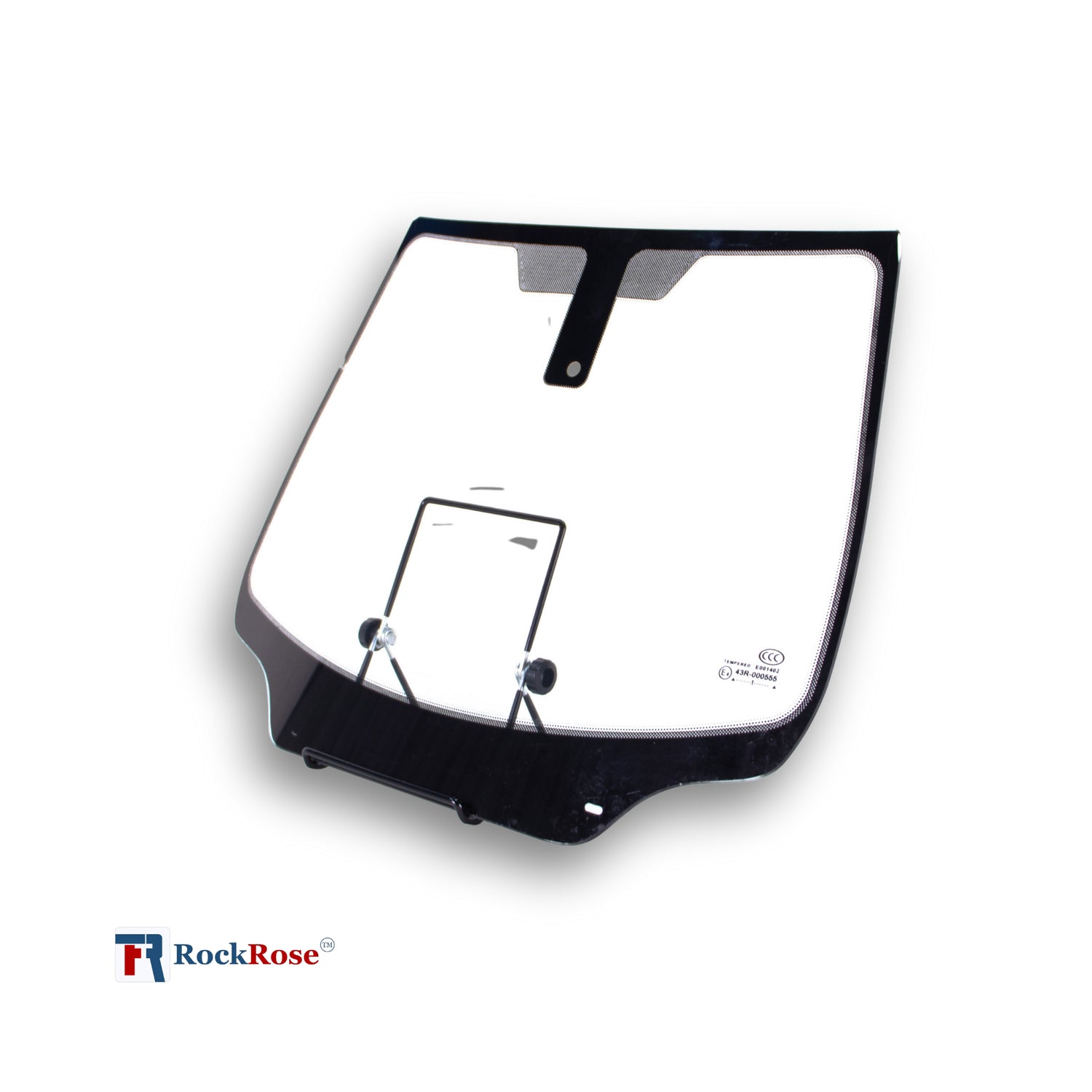 Car windshield wiper blade on a white background with RockRose logo.